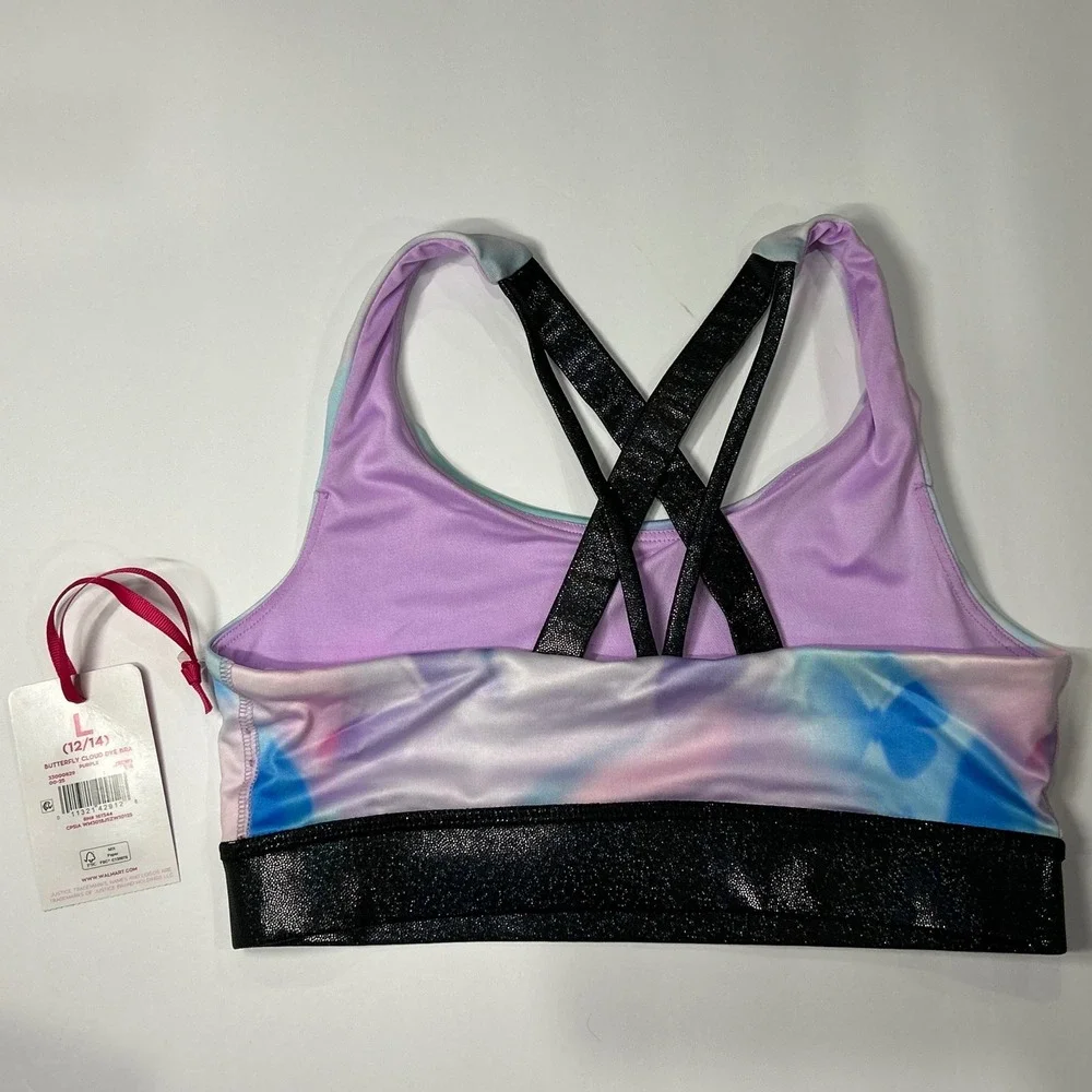 Justice Girls Purple Butterfly Cloud Dye Dance Gym Sports Bra Size L 12-14 NEW